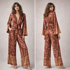 Free People Harper Velvet Jumpsuit Sangria Paisley Wide Leg Boho S Festival 70s
